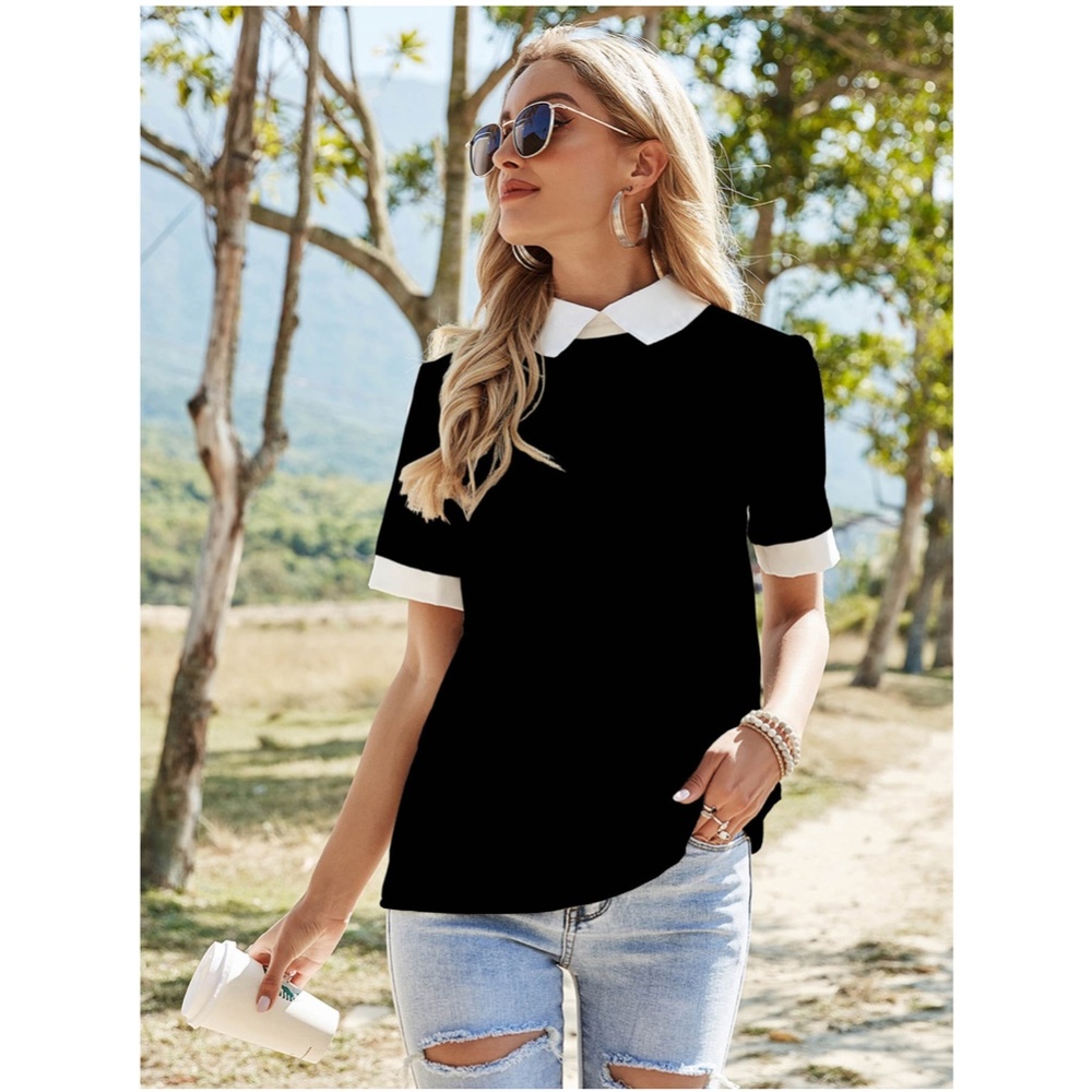 Black Blouse Shirt White Collar - Picture 6 of 12